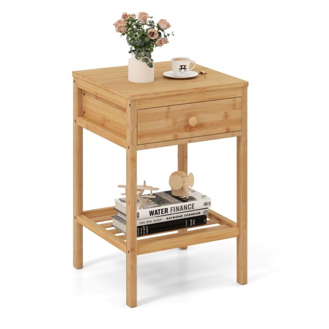 Costway Bamboo Nightstand Bedside Table with Storage Drawer & Open Shelf in Natural - image 1