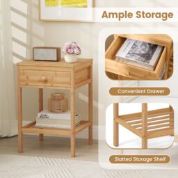 Costway Bamboo Nightstand Bedside Table with Storage Drawer & Open Shelf in Natural - thumbnail 5