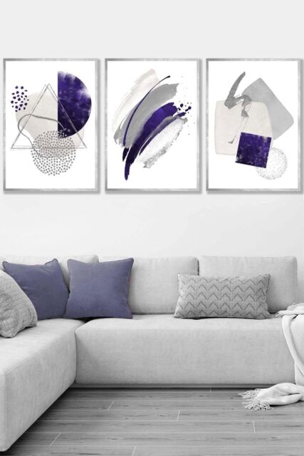 ARTZE Set of 3 Silver Framed Abstract Purple Silver Watercolour Shapes Wall Art - Size: W53 cm x H73 cm x D20mm - image 1