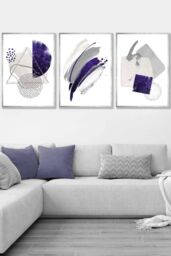 ARTZE Set of 3 Silver Framed Abstract Purple Silver Watercolour Shapes Wall Art - Size: W53 cm x H73 cm x D20mm
