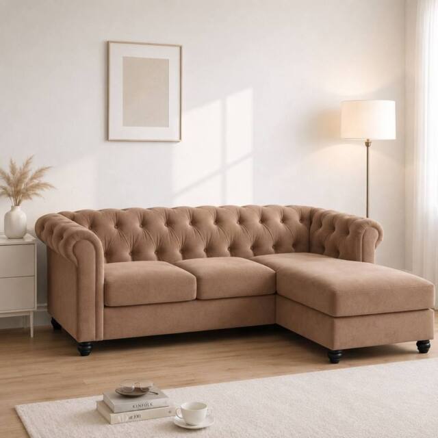 Sofaya Hampton 3 Seater L Shape Chesterfield Sofa Velvet Right Hand Chaise in Tan - image 1