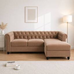 Sofaya Hampton 3 Seater L Shape Chesterfield Sofa Velvet Right Hand Chaise in Tan - thumbnail 2