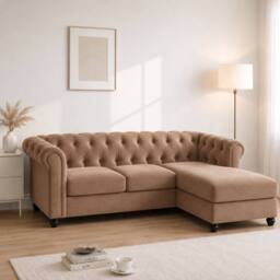 Sofaya Hampton 3 Seater L Shape Chesterfield Sofa Velvet Right Hand Chaise in Tan