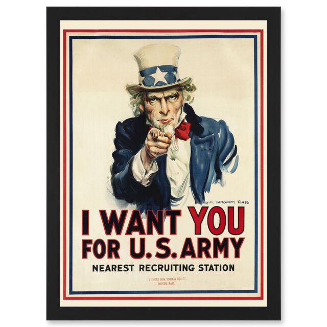 Artery8 World War WW2 USA Uncle Sam We Want You Army Iconic A4 Artwork Framed Wall Art Print in Black - image 1