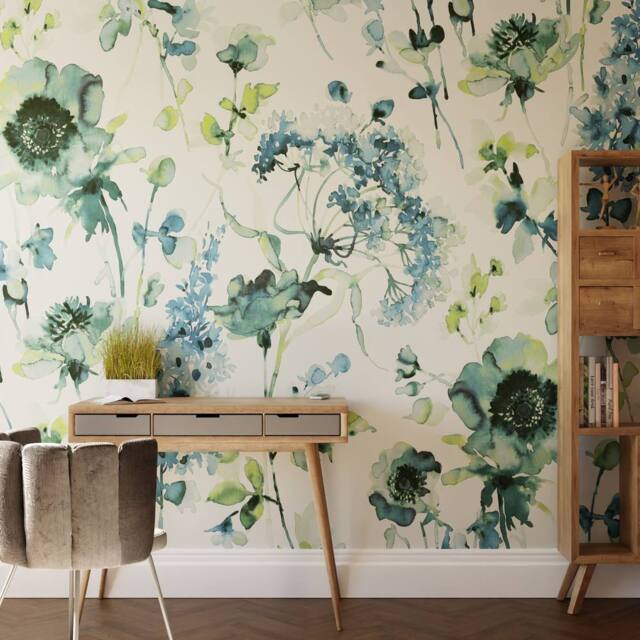 Superfresco Easy Watercolour Floral Blue Green Print To Order 3m x 2.8m Mural - image 1