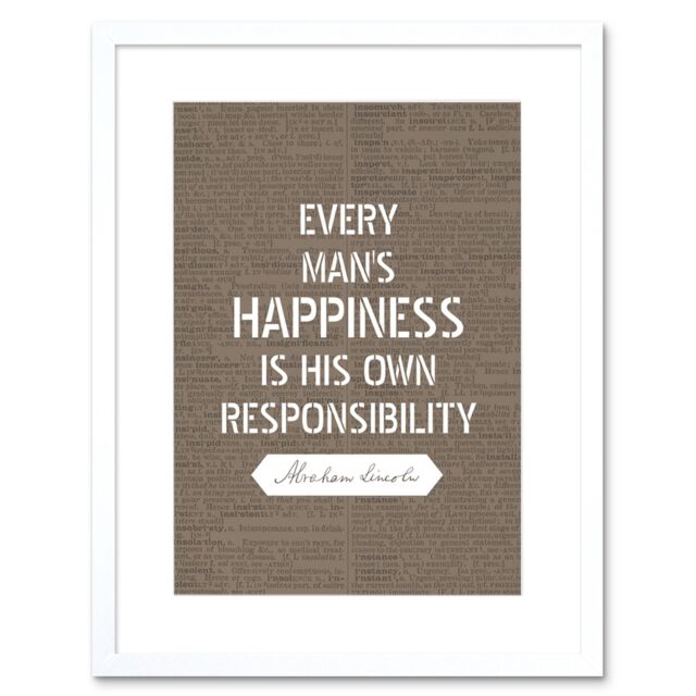 "Artery8 Wall Art Print Dictionary Page Quote Abraham Lincoln Happiness Responsibility Artwork Framed 9X7 Inch in White - Size: W7"" x H9""" - image 1