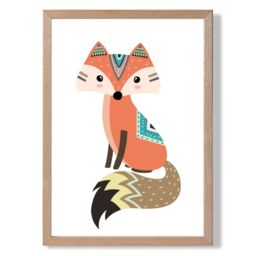 ARTZE Orange Fox Tribal Animal Framed Print SIZE: A4 with Oak Frame