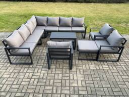 Fimous Aluminium 13 Seater Outdoor Garden Furniture Set Lounge Corner Sofa Oblong Coffee Table 3 Pcs Chair Sets with 3 Footstools Dark Grey - thumbnail 2