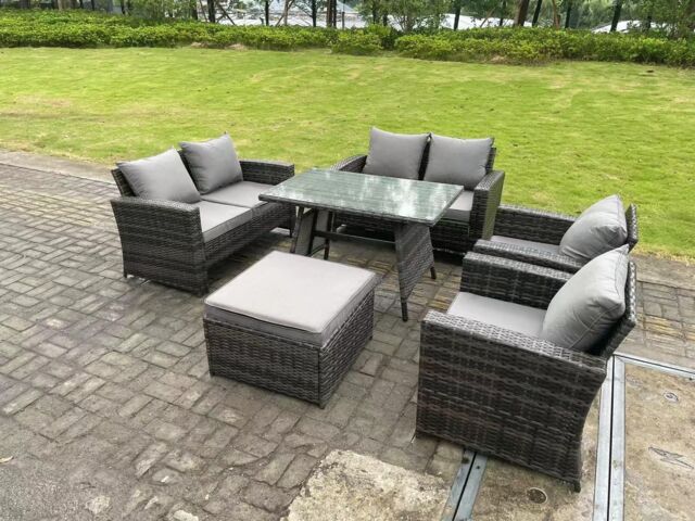 Fimous 7 Seater Outdoor Dark Grey Mixed High Back Rattan Sofa Dining Table Set Garden Furniture Love Sofa Arm Chair