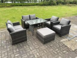 Fimous 7 Seater Outdoor Dark Grey Mixed High Back Rattan Sofa Dining Table Set Garden Furniture Love Sofa Arm Chair - thumbnail 3