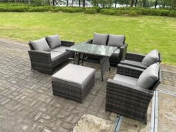 Fimous 7 Seater Outdoor Dark Grey Mixed High Back Rattan Sofa Dining Table Set Garden Furniture Love Sofa Arm Chair - thumbnail 1