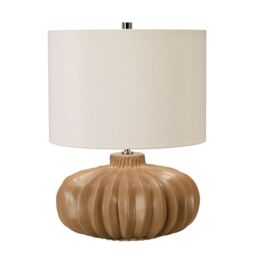Loops Table Lamp Ridged Pumpkin Shape Squat Base Ivory Faux Linen Shade LED E27 60W - thumbnail 2