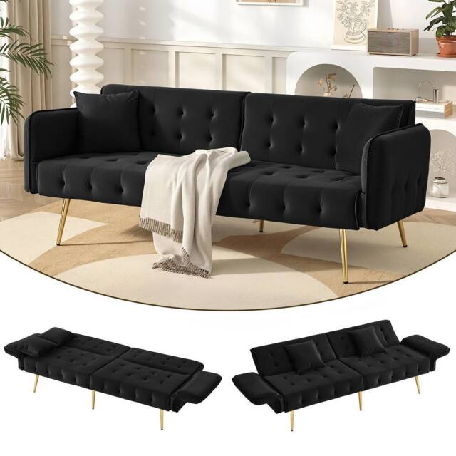 BTM 2 Seater Sofa Bed Adjustable Backrest Folding Velvet Sleeper Sofa in Black - image 1