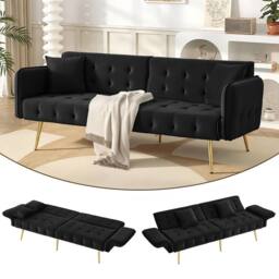 BTM 2 Seater Sofa Bed Adjustable Backrest Folding Velvet Sleeper Sofa in Black