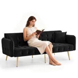 BTM 2 Seater Sofa Bed Adjustable Backrest Folding Velvet Sleeper Sofa in Black - thumbnail 9