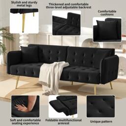 BTM 2 Seater Sofa Bed Adjustable Backrest Folding Velvet Sleeper Sofa in Black - thumbnail 3