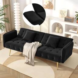 BTM 2 Seater Sofa Bed Adjustable Backrest Folding Velvet Sleeper Sofa in Black - thumbnail 8