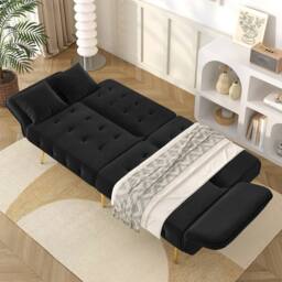 BTM 2 Seater Sofa Bed Adjustable Backrest Folding Velvet Sleeper Sofa in Black - thumbnail 2