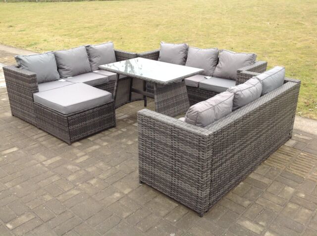 Fimous Outdoor Rattan Garden Furniture Lounge Sofa Set With Oblong Dining Table With Clear Tempered Glass in Dark Grey - image 1