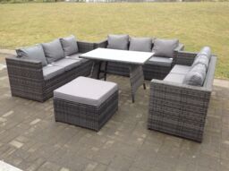 Fimous Outdoor Rattan Garden Furniture Lounge Sofa Set With Oblong Dining Table With Clear Tempered Glass in Dark Grey - thumbnail 2