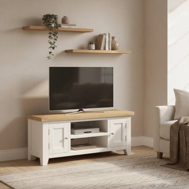 Home Source 2 Doors 2 Shelves TV Stand Media Entertainment Storage Cabinet Wooden in White - image 1
