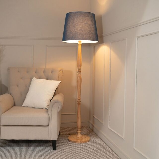 ValueLights Victoria Light Wood Traditional Stem Floor Lamp with Fabric Tapered Shade in Blue - image 1