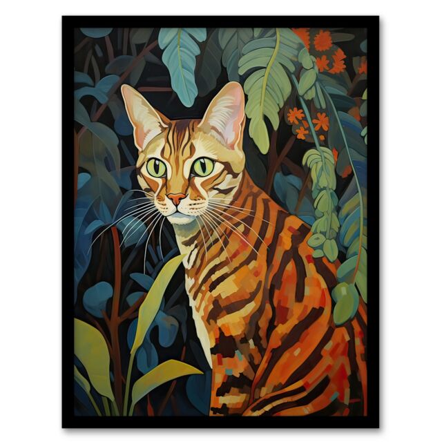 Artery8 Wall Art Print Bengal Cat Botanical Oil Painting Orange Green Blue Garden Plant Leaves Artwork Framed - Size: A4 - image 1