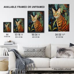 Artery8 Wall Art Print Bengal Cat Botanical Oil Painting Orange Green Blue Garden Plant Leaves Artwork Framed - Size: A4 - thumbnail 3