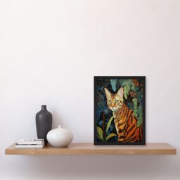 Artery8 Wall Art Print Bengal Cat Botanical Oil Painting Orange Green Blue Garden Plant Leaves Artwork Framed - Size: A4 - thumbnail 4