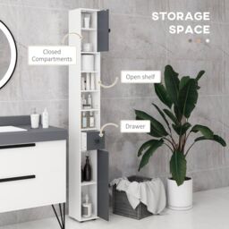 Kleankin Slim Bathroom Cabinet, Toilet Roll Storage w/ Shelves in Grey - thumbnail 4