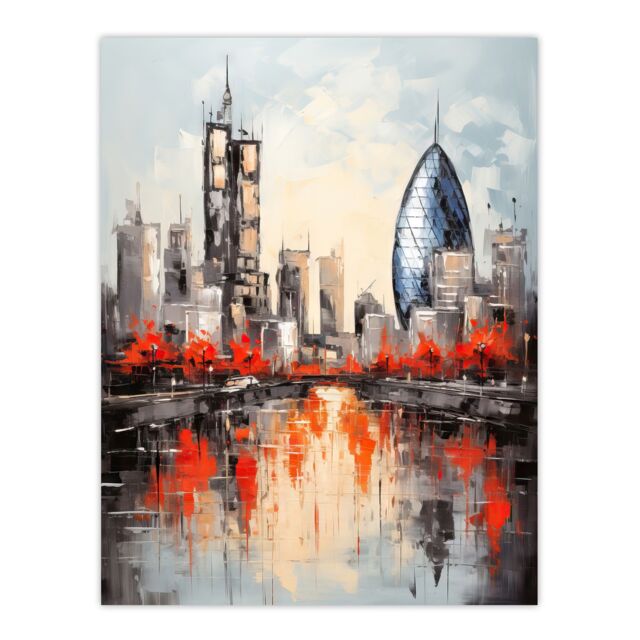 Artery8 London Cityscape Skyline The Gherkin Oil Painting Thames Reflections In Autumn Extra Large XL Unframed Wall Art Poster Print - image 1