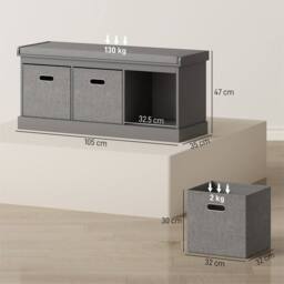 SPETLEK Shoe Storage Bench with Seat & Fabric Drawers for Entryway in Grey - thumbnail 2