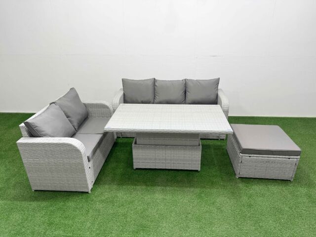 Fimous 6 Seater PE Rattan Wicker Garden Furniture Patio Conservatory Sofa Set w/ Adjustable Lifting Dining or Coffee Table 3 Seater Sofa Love Sofa - image 1