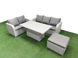 Fimous 6 Seater PE Rattan Wicker Garden Furniture Patio Conservatory Sofa Set w/ Adjustable Lifting Dining or Coffee Table 3 Seater Sofa Love Sofa - thumbnail 2