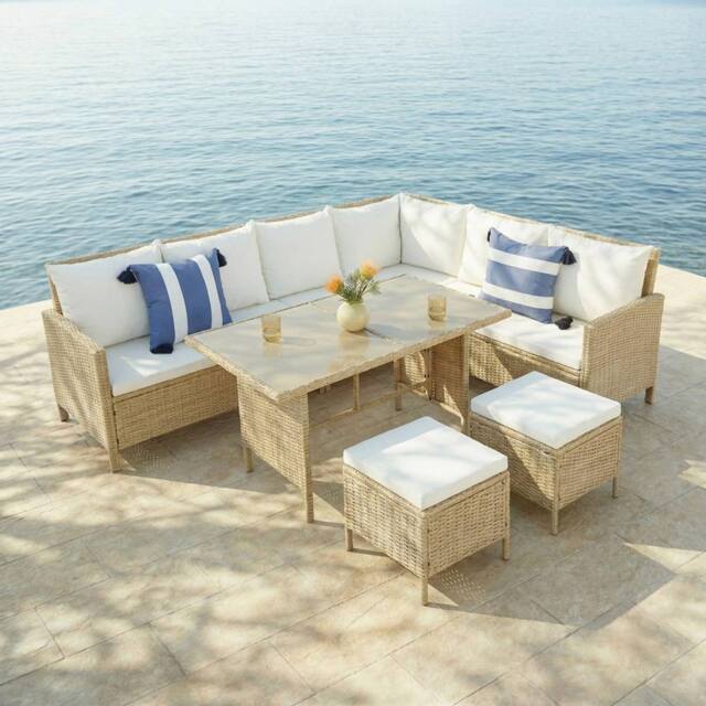 Home Garden Direct Thalia Rattan Corner Sofa 8 Seater Glass Table - Natural Premium Rattan Outdoor Garden Set - image 1