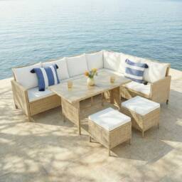 Home Garden Direct Thalia Rattan Corner Sofa 8 Seater Glass Table - Natural Premium Rattan Outdoor Garden Set - thumbnail 1