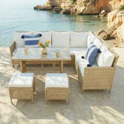 Home Garden Direct Thalia Rattan Corner Sofa 8 Seater Glass Table - Natural Premium Rattan Outdoor Garden Set - thumbnail 6