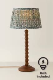 ValueLights Bobbin Floral Printed Pleated Shade Walnut Bobble Table Lamp with Bulb in Dark Green