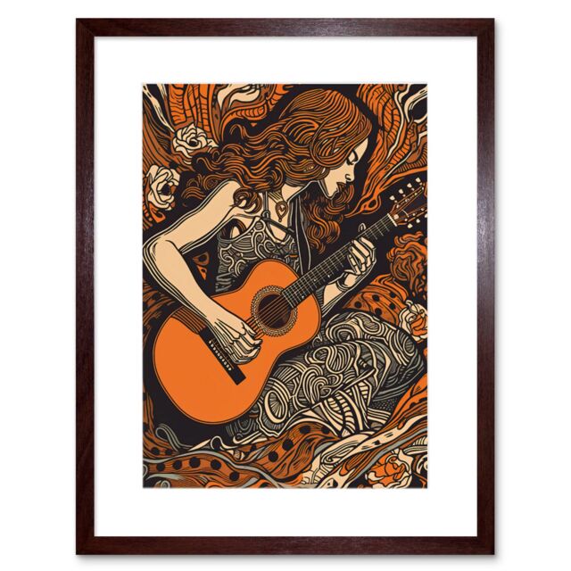"Artery8 Wall Art Print Woman Playing Guitar Music in Rose Flower Field Artwork Framed 9X7 Inch in Brown - Size: W7"" x H9""" - image 1