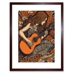 "Artery8 Wall Art Print Woman Playing Guitar Music in Rose Flower Field Artwork Framed 9X7 Inch in Brown - Size: W7"" x H9""" - thumbnail 1