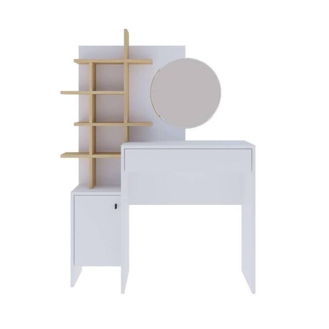 FORGEVIO Dressing Table Set White Oak Round Trendy Mirror H152 x W113 x D35cm - image 1