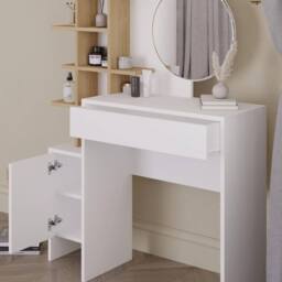 FORGEVIO Dressing Table Set White Oak Round Trendy Mirror H152 x W113 x D35cm - thumbnail 5