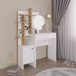 FORGEVIO Dressing Table Set White Oak Round Trendy Mirror H152 x W113 x D35cm - thumbnail 3