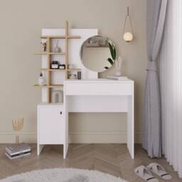 FORGEVIO Dressing Table Set White Oak Round Trendy Mirror H152 x W113 x D35cm - thumbnail 4