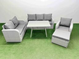 Fimous Patio Dining Table & Chairs Set with Reclining Chair Big Stool in Light Grey - thumbnail 2