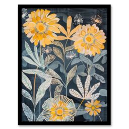 "Artery8 Marigold Flowers Artwork Dark Forest Floral Blue Framed Art Print in Yellow - Size: W12"" x H16""" - thumbnail 1