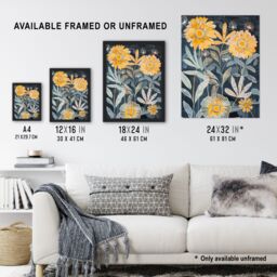 "Artery8 Marigold Flowers Artwork Dark Forest Floral Blue Framed Art Print in Yellow - Size: W12"" x H16""" - thumbnail 3