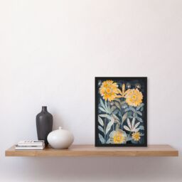 "Artery8 Marigold Flowers Artwork Dark Forest Floral Blue Framed Art Print in Yellow - Size: W12"" x H16""" - thumbnail 4