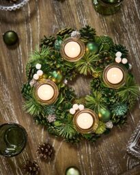 Dibor Woodland Green Round Table Centrepiece Christmas Decoration Candle Holders Tealight Holder 30cm - thumbnail 2