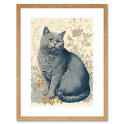 "Artery8 Wall Art Print William Morris Inspired Cat Portrait with Flowers Modern Artwork Framed 9X7 Inch in Beige - Size: W7"" x H9""" - thumbnail 1